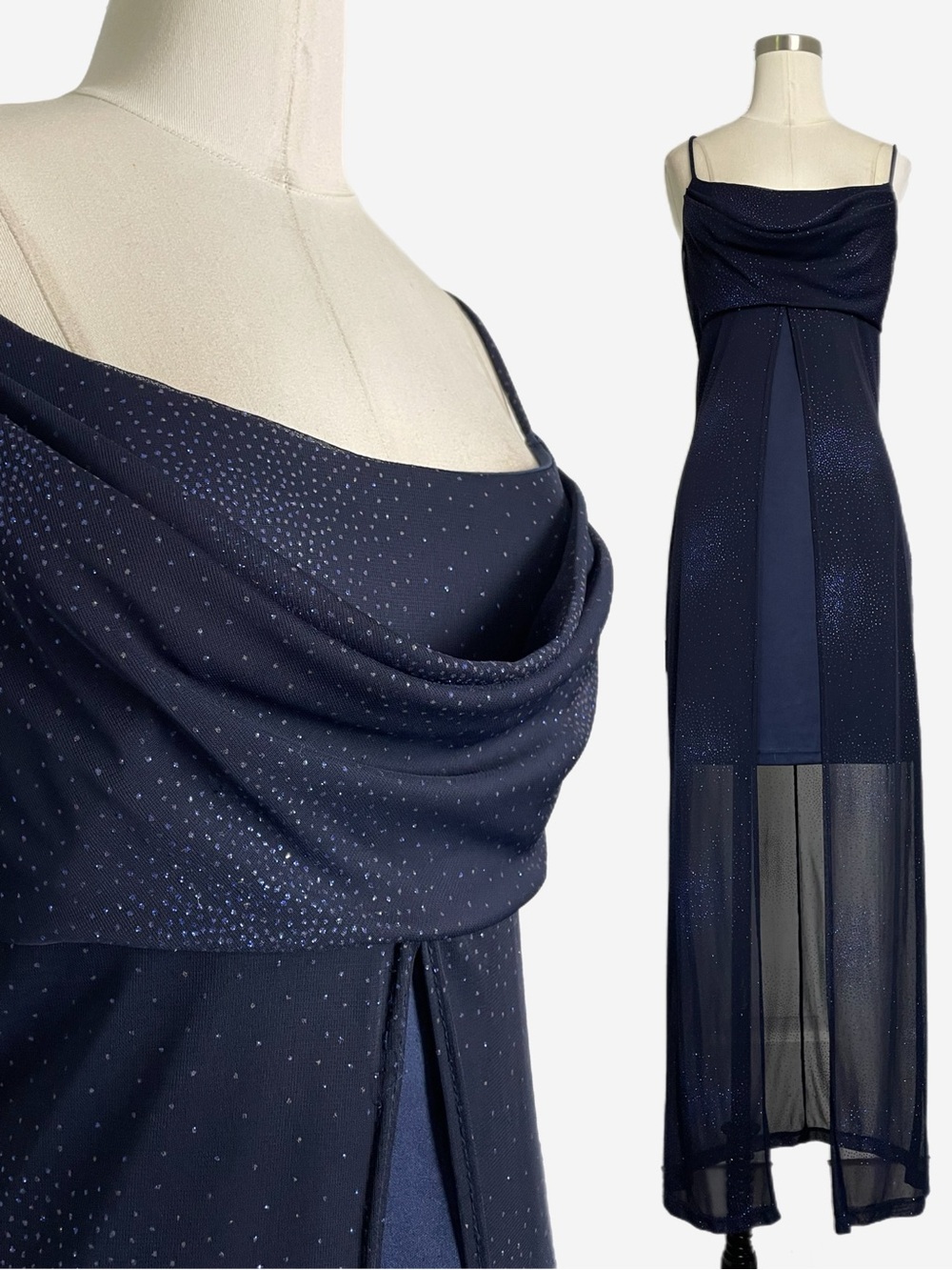 Vintage Y2K Taboo Blue glitter dot mesh split front slip dress whimsigoth XS/S